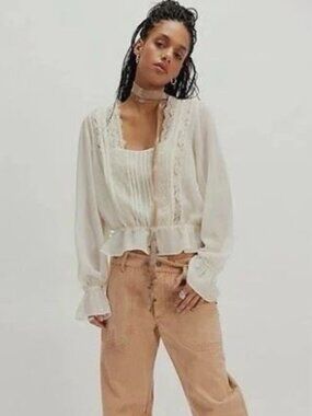 Free People~ Lot of 2~NWOT~Nova Chiffon Tops~M~Ivory & Mossy Green